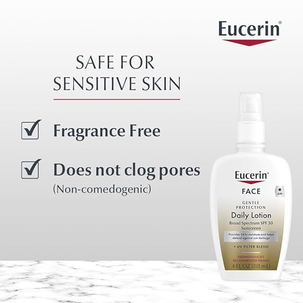 EUCERIN DAILY PROTECTION FACE LOTION WITH BROAD SPECTRUM SPF 30 SUNSCREEN, FACE SUNSCREEN MOISTURIZES AND HELPS PROTECT SENSITIVE, DRY SKIN, FRAGRANCE FREE, 4 FL OZ (PACKAGING MAY VARY)