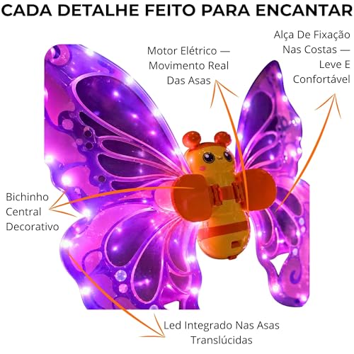 Asas de Borboleta Elétrica com Led, Luz e Música — Movimento Real, Fantasia Infantil Mágica, Para Meninas a Partir de 3 Anos