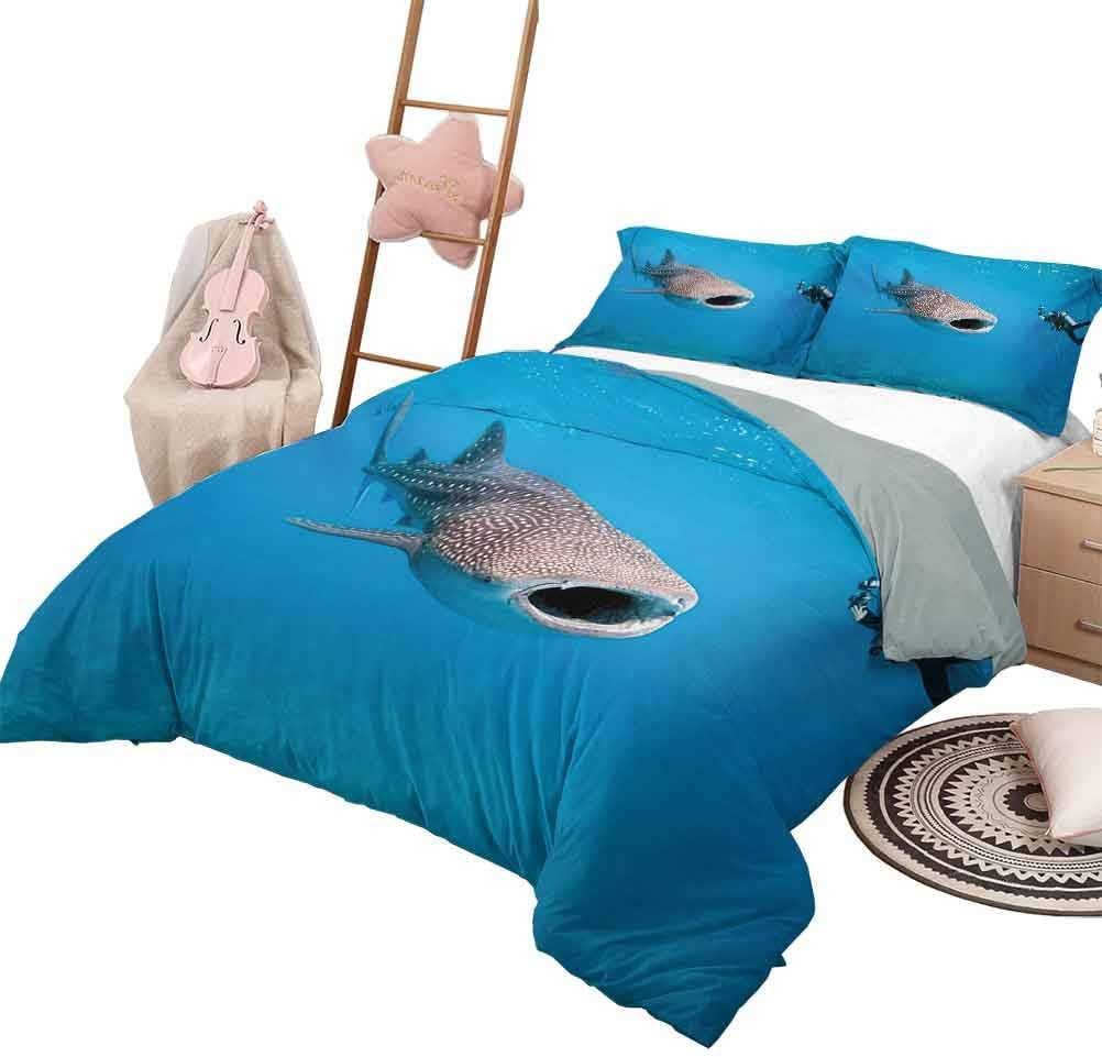 DayDayFun Quilt Set Shark for Boys and Girls Giant Whale Shark and Underwater Photographer in Wildlife Diving Image King Size Violet Blue Pale Grey