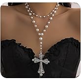 Chunky Layered Cross Pearl Pendant Necklace for Women Large Cross Crystal Beaded Choker Necklaces Adjustable Halloween Vintage Statement Jewelry