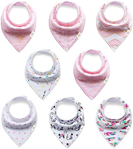 Baby Bandana Drool Bibs Girls For Drooling, Teething and Feeding, Pack of 8 - 100% Organic Cotton Toddler Bibs With Snaps Super Absorbent, Soft, &amp; Modern Design - Unisex Baby Shower/Registry Gift