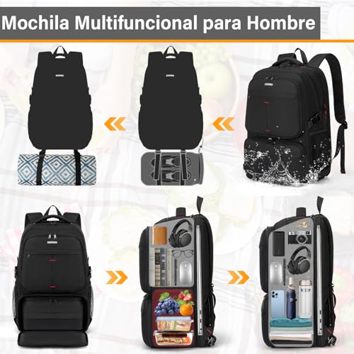 RAINSMORE Mochilas para Hombre con Lonchera Mochila para Laptop 17 Pulgadas Gran Impermeable Mochila con USB Puerto y Puerto Audífonos