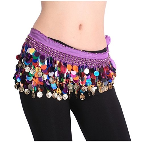Women's Belly Dance Hip Scarf, Multi-row Silver Sequins Coin Dance Chiffon Skirt with Rhinestones 310 Gold Coins Coin Waistband