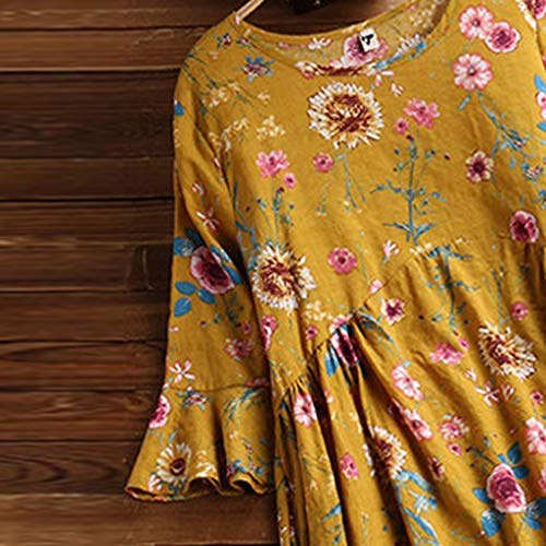 DONTAL Women Vintage Leisure Trumpet Sleeve O-Neck Broken Flower Print Long Dress Yellow - Thumbnail 3