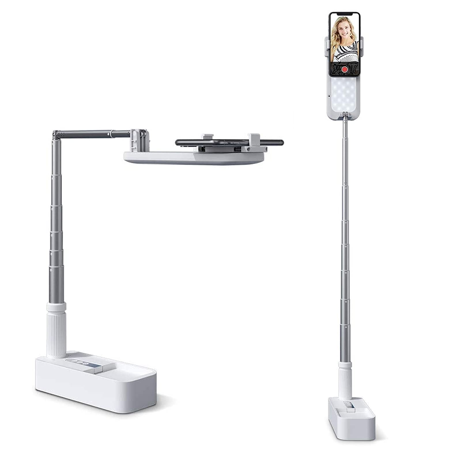 Extendable Selfie Stand 360° Rotation with Phone Holder, Rechargeable Wireless Foldable 7 Brightness LED Light for Live Streaming/YouTube/Tiktok/Video Recording/Photography/Reading (white)
