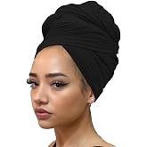 Kachanaa Stretch Jersey Turban Head Wraps Long Solid Color African Shawl Hair Scarfs Lightweight Breathable Head Bands Ties for Black Women(Black)