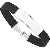 Massete Sterling Silver 925 Engravable Men’s ID Bar Bracelet – Black Rubber, Braided or Flat Synthetic Leather Band, Black or Brown, Comes in 2 Lengths
