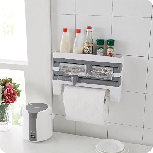 XHHOME Plastic Refrigerator Cling Film Storage Rack Shelf Wrap Cutting Wall Hanging Paper Towel Holder Kitchen Accessories (Grey)