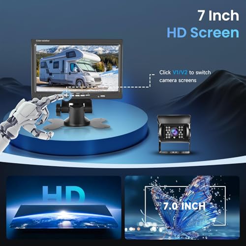 7 Inch HD Reversing Camera Monitor, IP69 Waterproof IR Night Vision Rear View Camera for Truck, Bus, Van, Camper, Pickup, 15M Cable