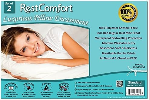 RestComfort Set of 2 Bed Bug and Dust Mite Bacteria, Allergy Proof/Waterproof Pillow Protectors - Hypoallergenic Breathable and Quite - Zippered Pillow Encasement, Standard 21"x27"