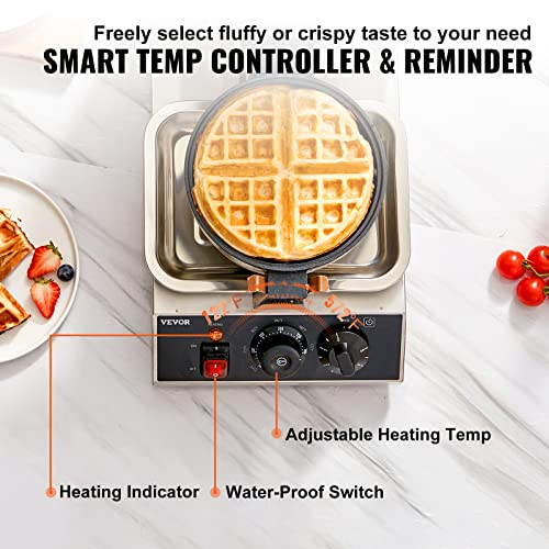 VEVOR Commercial Waffle Maker, 1300W Round Waffle Iron, NonStick Rotatable Waffle Baker Machine