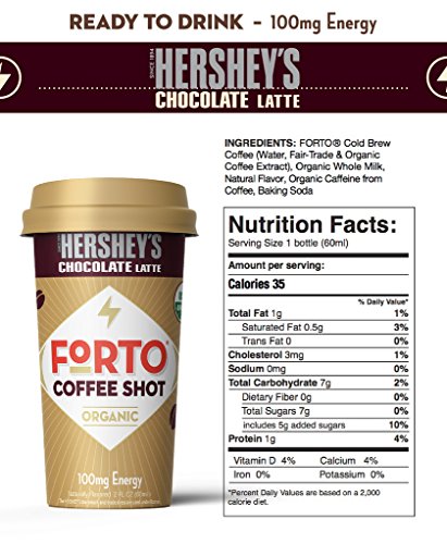 FORTO Coffee Shots: 100mg Energy, Hersheyâ€™s Chocolate â€“ Real Organic Coffee - Ready-to-Drink 2oz Cold Brew Double Shot with Milk, High Caffeine, Instant Natural Energy On The Go, 6 Bottles