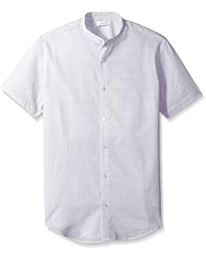 Calvin Klein Men's Short Sleeve Band Collar Grid Geo Print Button Down Shirt