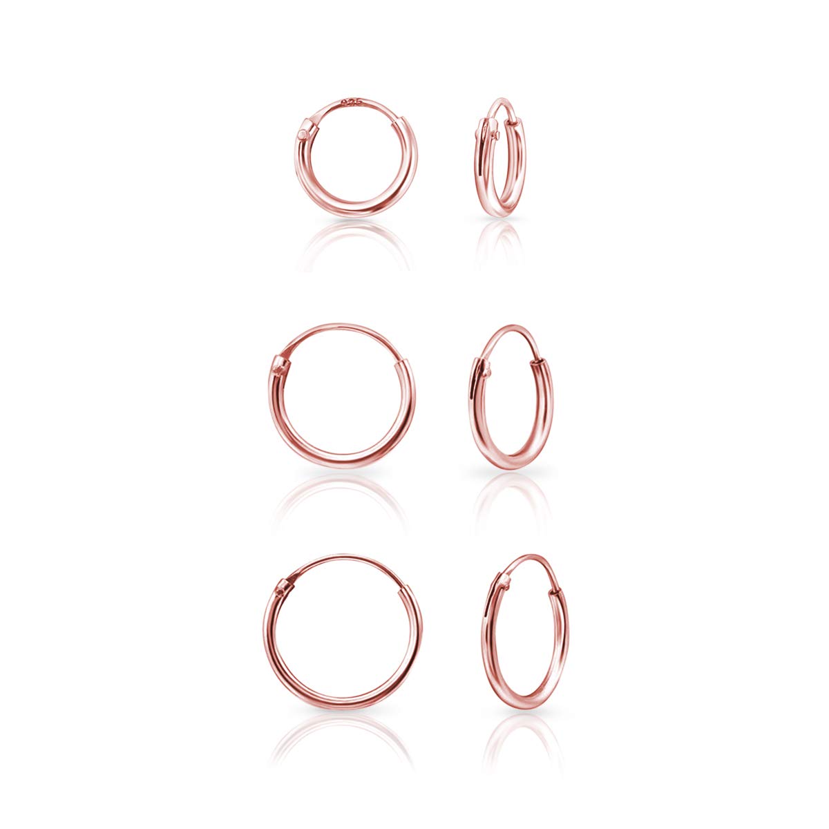 Set of 3 Gold Plated Earrings Hoops - Small Sleeper Earrings for Women Sterling Silver, Rose Gold Plated 18K- Hypoallergenic Hoops for Cartilage, Helix, Second Piercing - 8,10,12mm - Thin 1.5mm
