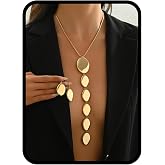 JWIGP Statement Necklace and Earrings Set &ndash; 2PCS Gold Silver Chunky Geometric Pendant Jewelry with Snake Chain, Asymmetrical Ellipse Y-Necklace Metallic Fashion Jewelry for Women