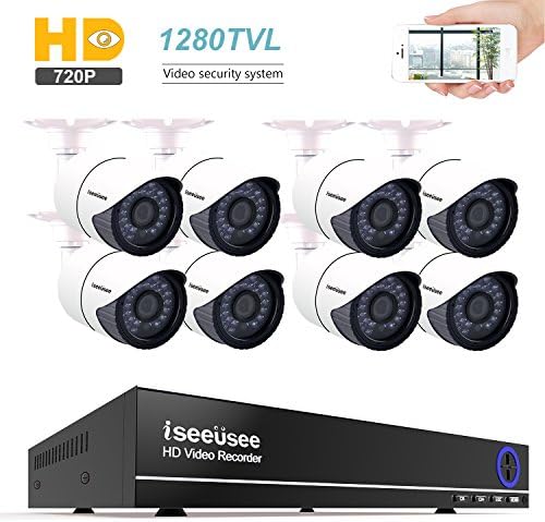 ISEEUSEE 8 Channel HD DVR Video Recording System With HDMI Output 8 x 720P 1200TVL Indoor &amp; Outdoor Night Vision Cameras Free Pro APP Home Security Surveillance Kits No Hard Drive