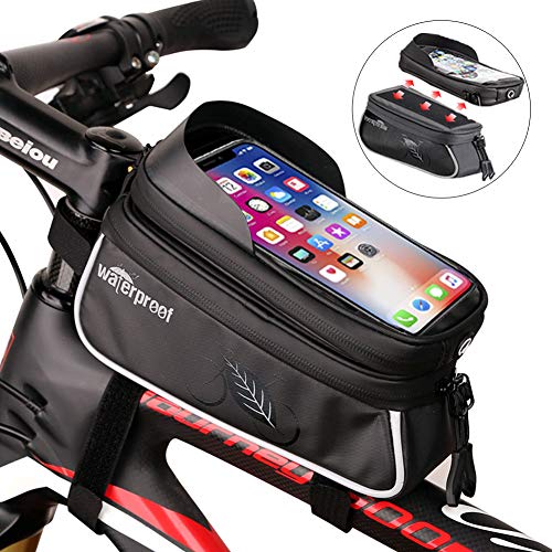 Bike Phone Mount Bag, Bicycle Handlebar Bags, Top Tube Bag, Waterproof Large Capacity Bike Frame Storage Bag, Touch Screen Phone Holder Pouch with Sun Visor for Phone Below 6.5 inch (Bike Bag-A)