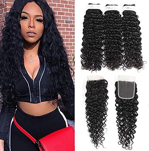 Brazilian Hair Water Wave 3 Bundles with Closure 100% Unprocessed Virgin Hair Ocean Wave Bundles Natural Wave Bundles with Closure Human Hair Extension Free Part Natural Color (22 24 26+20)