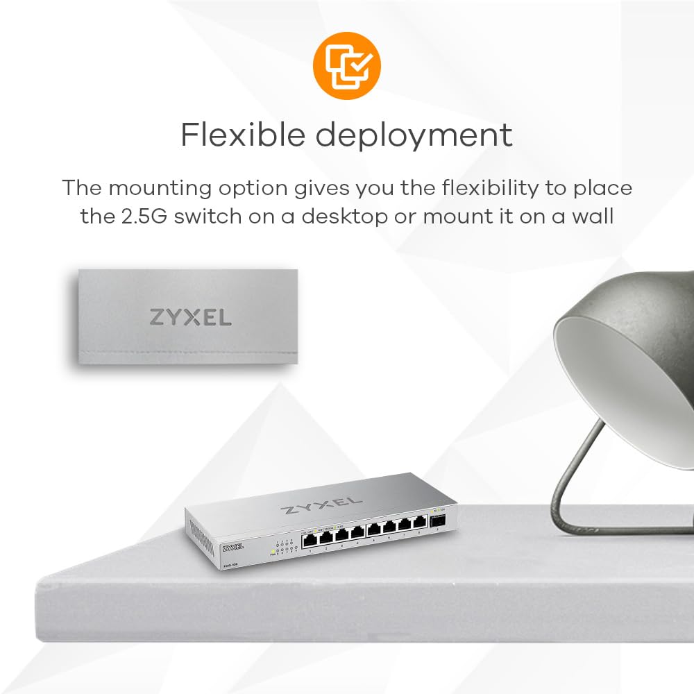Zyxel Netzwerk Switch 8 Port | Unmanaged Multi Gigabit LAN Splitter | 8X 2.5 Gbit + 1x 10Gb SFP+ Ports | Lüfterlos Design | Plug and Play Einfach Installation | Desktop oder Wand Montage | XMG-108 7