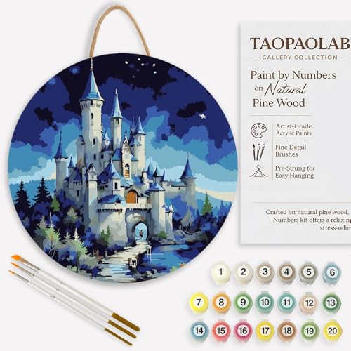 Enchanted Castle Paint by Numbers Kit for Adults on Wood Board – DIY Fantasy Castle Blue Starry Sky Wood Craft Painting Kit, 12 in Round, Acrylic Paint Set, Beginner-Friendly, Relaxing Home Decor Gift at Amazon