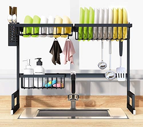 Dish Drying Rack Over Sink Kitchen Supplies Storage Shelf Countertop Space Saver Display Stand Tableware Drainer Organizer Utensils Holder Stainless Steel, Black (for Sink Length ≤ 25.6 inch)