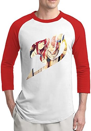 Fairy Tail Keychain Logo Men Casual Slim Fit Raglan Three-Quarter Sleeve Baseball Tee Red