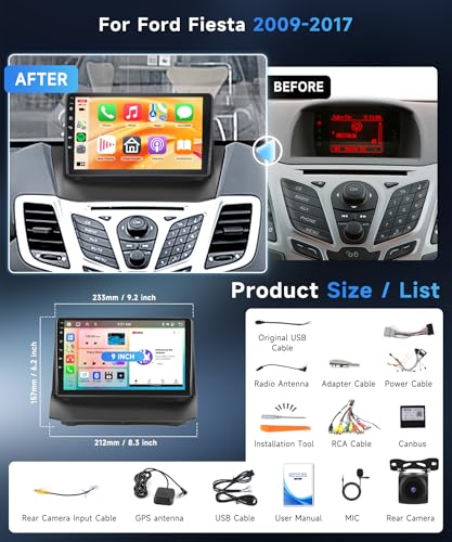 6G+128G 8 Cores Android Car Radio for Ford Fiesta 2009-2017 9 Inch Screen Car Radio with Carplay Wireless Android Auto Mirror Link Bluetooth FM/RDS/EQ/DSP WiFi GPS Steering Wheel Controls Backup Camera
