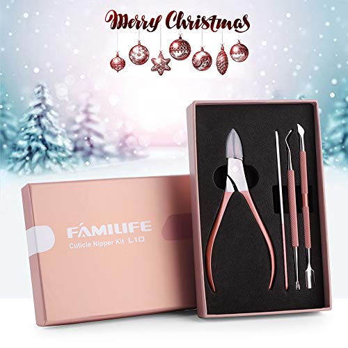FAMILIFE L10 Cuticle Pusher Nipper Kit Professional Manicure Pedicure Tools Dead Skin Fork Stainless Steel Ingrown Toenail File Cuticle Trimmer 4Pcs Clippers Set Cuticle Remover