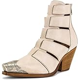 keleimusi Women's Western Cowgirl Ankle Boots Stacked Block Heel Cowboy Booties Steel Toe Heeled Short Fisherman Boot Back Zipper Western Boots for Women