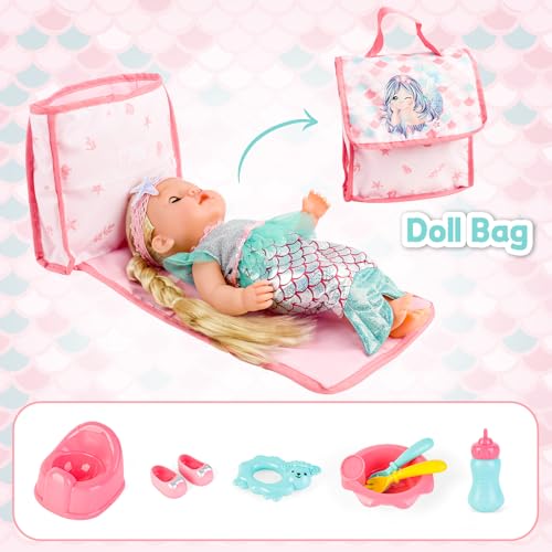 deAO 5-in-1 Folding and Portable Doll Accessory Kit with Doll 31 cm | Nursery Doll Accessories with Stroller, Cot Doll, Travel Bag and Baby Feeding Bottle, Role Play Gifts
