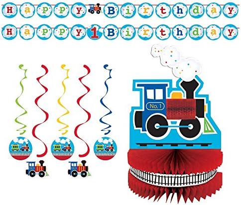 Baby Boy 1st Birthday Party ChooChoo Trains Supply Decoration Bundle! All Aboard Birthday Decor Pack Includes Shaped Ribbon Banner, Assorted Dizzy Danglers and Honeycomb Centerpiece.