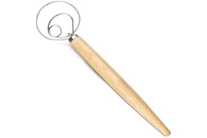 MAYHOW Danish Dough Whisk Bread Making Tools Stainless Steel Danish Dough Hook Bread Dough Mixer Hand Bread Dough Whisk for Pastry, Baking Cake, Dessert, Sourdough, Pizza, with Wooden Handle, 13 inch