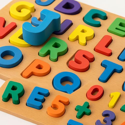 Kit 2 Brinquedos Educativo Tabuleiro Letras e Numeros 43 Peças Brinquedo Didático Encaixe Madeira Premium