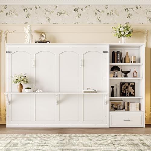 Merax Queen Murphy Bed with 3 Height Adjustable Storage Shelves & 1 Drawer, Wal…