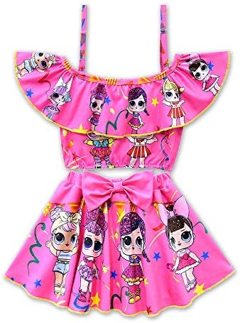 Rohero Toddler Baby Girls Swimsuits Two Piece Doll Print Ruffle Swimwear Bathing Suit for Doll Surprised