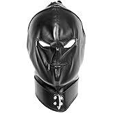 Leather Bondage Mask Black Full Face Restraint Head Hood SM Head Mask BDSM Fetish Hood Adjustable Headgear with Zipper for Ad