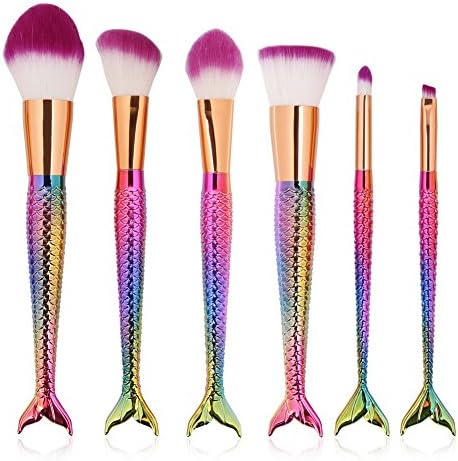 Luismia 6Pcs Fantasy Mermaid Tail MakeUp Brushes Set Foundation Powder Eyeshadow Blending Brush Kits Cosmetic Tools (Rainbow color)