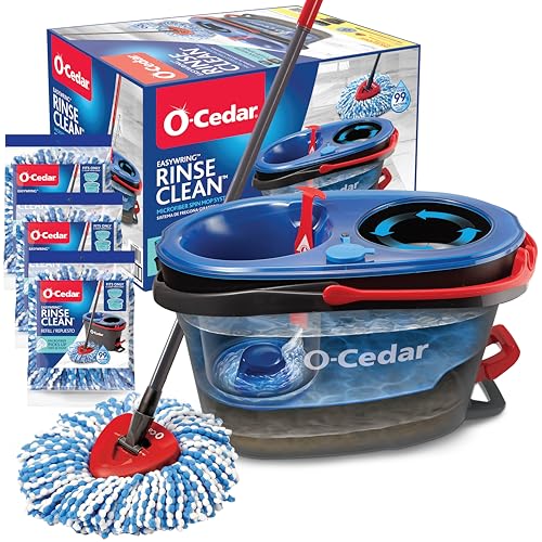 O-Cedar EasyWring RinseClean Microfiber Spin Mop & Bucket Floor Cleaning System with 3 Extra Refills, Plastic, Grey