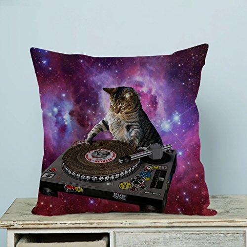 Custom Cool Galaxy DJ Cat Funny Animal Pet Design Pillow Case Pillow Cover Pillow Protector Two Sides 18 x 18 Inches