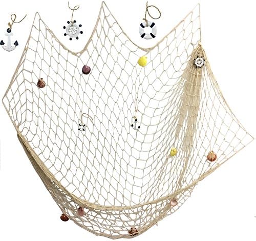 SHAN RUI White Nautical Decorative Fishing Net Hangings Decor (7959inch) with Shells, Anchor, Rudder and Life buoy