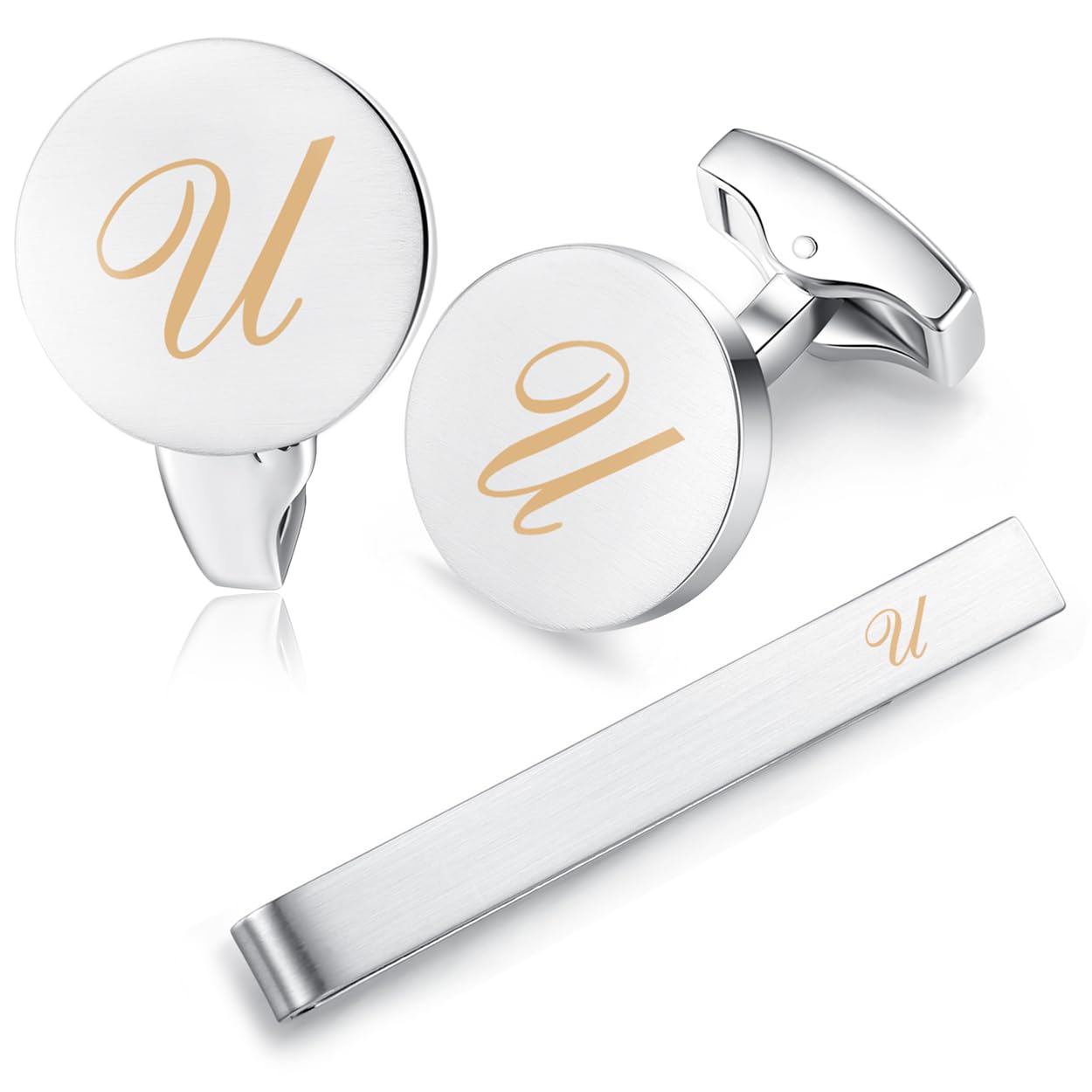 HONEY BEAR Initial Alphabet Letter Cufflinks Tie Clip Set for Mens - Brushed Silver Round for Business Wedding Gift A - Z