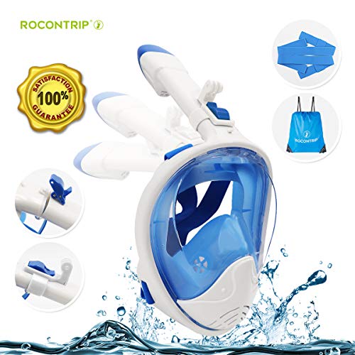 ROCONTRIP Full Face Snorkel Mask, Free Breathing 180° Panoramic View Diving Mask, Anti-Fog Anti-Leak and Adjustable Head Strap Snorkeling Mask for Men Women Adult (White Blue Foldable, L/XL) - Thumbnail 7