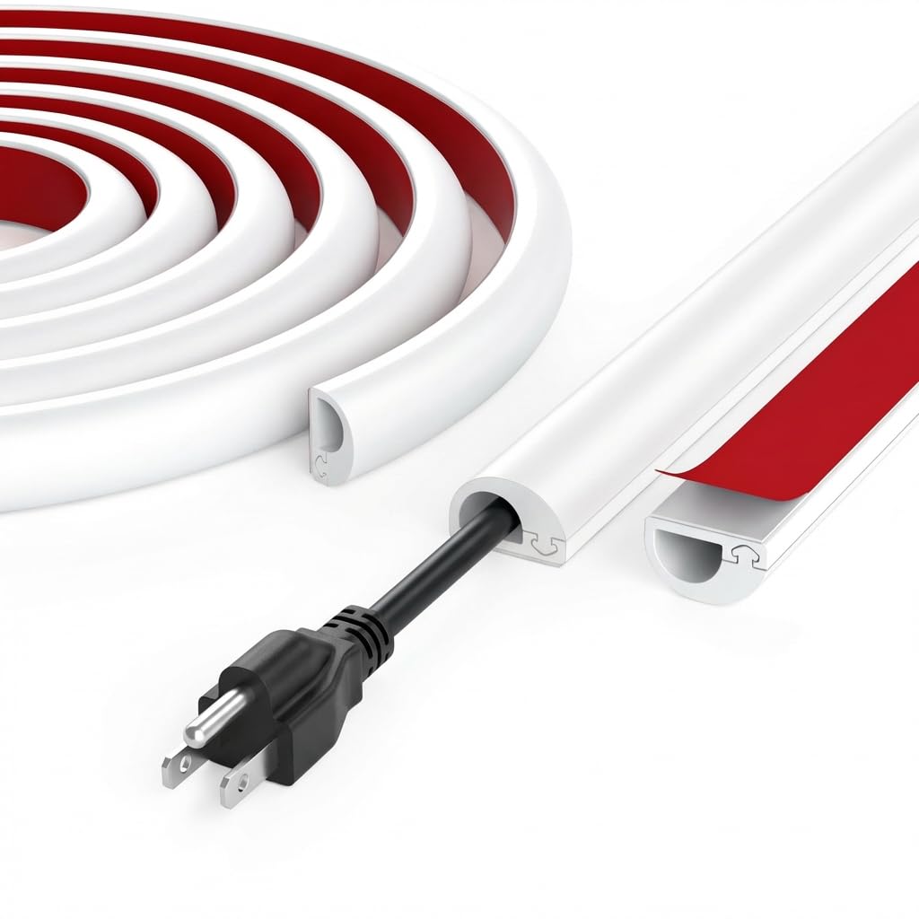 Cord Hider Wall for 1-2 Cables, 39" Self Adhesive Silicone Cord Covers for Wires On Wall, Flexible Wire Covers for Cords On Wall, Cable Cover Raceway for Home, Office, White (0.6" W x 0.47" H)