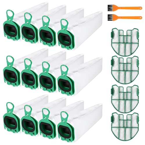 12 Vacuum Cleaner Bags for Vorwerk Kobold VB100 FP100, with 4 Motor Filters, 2 Brushes, Filter Bags Replacement Parts Accessories for Vorwerk Kobold VB 100 FP 100 Vacuum Cleaner