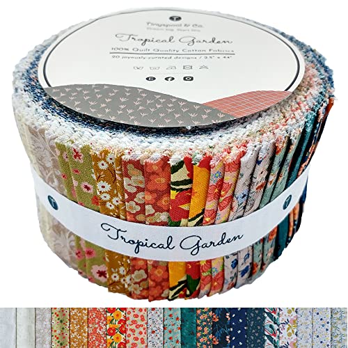 Tinyspool & Co. Jelly Roll Fabric Strips for Quilting, Crafting, and Sewing, 40 Strip Assorted Bundle, Soft Cotton for Blanket, Rug, Upholstery, Home Decor, and Purse Making, Tropical Garden