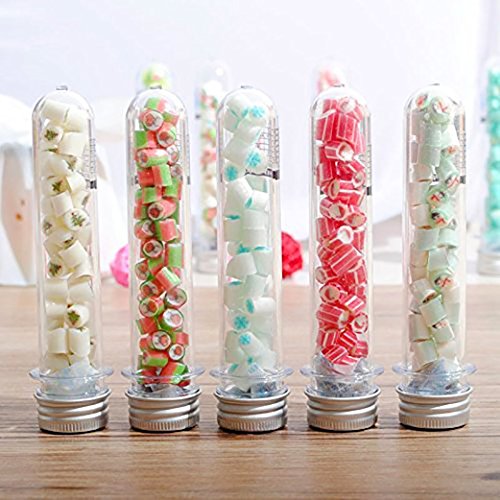 R.FLOWER 10 Clear Plastic Test Tubes with Screw Caps, Candy bottle, Cosmetics Bottles, Bath Salt Containers, 25x140mm(40ml) with 1 50ml Plastic Beaker and 1 pieces of test-tube brush for Gifts