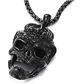 COOLSTEELANDBEYOND Mens Black Stainless Steel Vintage Skull Pendant Necklace with 30 inches Wheat Chain, Gothic Biker
