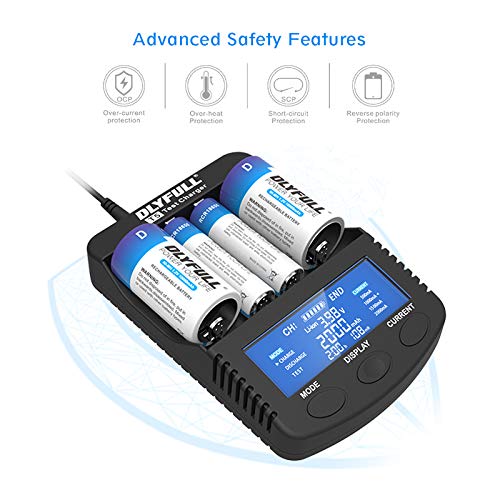 Dlyfull Pro Super Fast Battery Charger with LCD Display, 4 Slots Universal Battery Charger for 3.7V Li-ion 26650 22650 26500 18650 17500 17335 14500 & A AA AAA C SC D Ni-MH/CD Rechargeable Batteries
