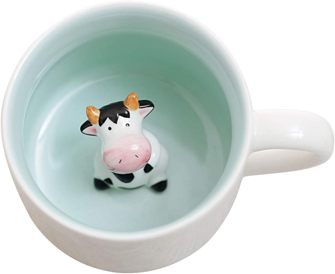 3D Cute Animal Coffee Mug, Miniature Animal Figurine Coffee Cup, Cow Inside, 400ml Funny Coffee Mug Novelty for Office Men Women