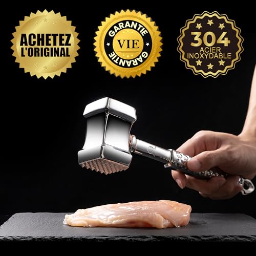 Stainless Steel Meat Tenderizer - Professional Double Sided Meat Hammer - Dishwasher Safe - Ideal for Cutlets, Chops, Steaks - Mallet by Gourmet Easy